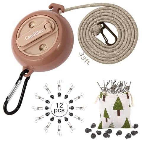 Portable Travel Clothesline Cord, Caudblor Adjustable 33ft Camping Clothes line, Laundry Drying Rope for Hotel Trip, Cruise, Outdoor/Indoor, with 12Pcs Stoppers, Windproof Clothespins Cover