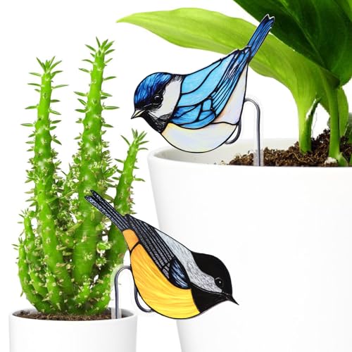 Jbnausoy 2 Pack Acrylic Bird Planter Stakes Garden Planter Decor for Pots Indoor Outdoor, Plant Accessories Gift for Mom and Bird Lovers, Blue & Yellow