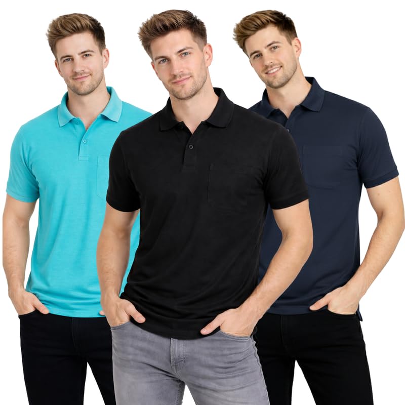 Image of SMAN Polo Neck T-Shirt Pack of 3 for Men & Boys | Half Sleeve Collar Tee with Pocket | Premium Spun Matty Fabric | Casual & Office Wear | Sizes M to 2XL | FX PO3 MCR BLK NVY