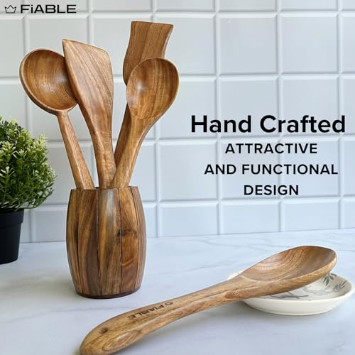 Image of FiABLE Pure Neem Wood Spatula Set for Cooking, Baking and Mixing - No Harmful Polish, Naturally Antimicrobial and Non-Stick - Turner, Spoon, Serving Spoon - Set of 3
