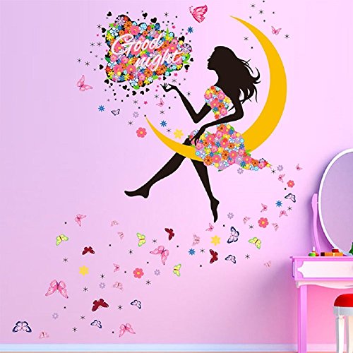 Sworna Nature Serie Moon Butterfly Flower Girl Vinyl Removable Diy Kids Children Girls Home Wall Art Window Sticker Decor Decal - Bedroom Living Room Kindergarten Playroom Hallway School 55"H X 39"W #TOP2