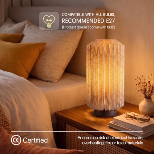 Image of FIG Living Mini Serenity Table Lamp | European Linen Lampshade with Mango Wood Base | Patented Design | Ideal Lamp for Living Room Decoration, Bedroom, Office | 2.5m Cord | Wedding Gift
