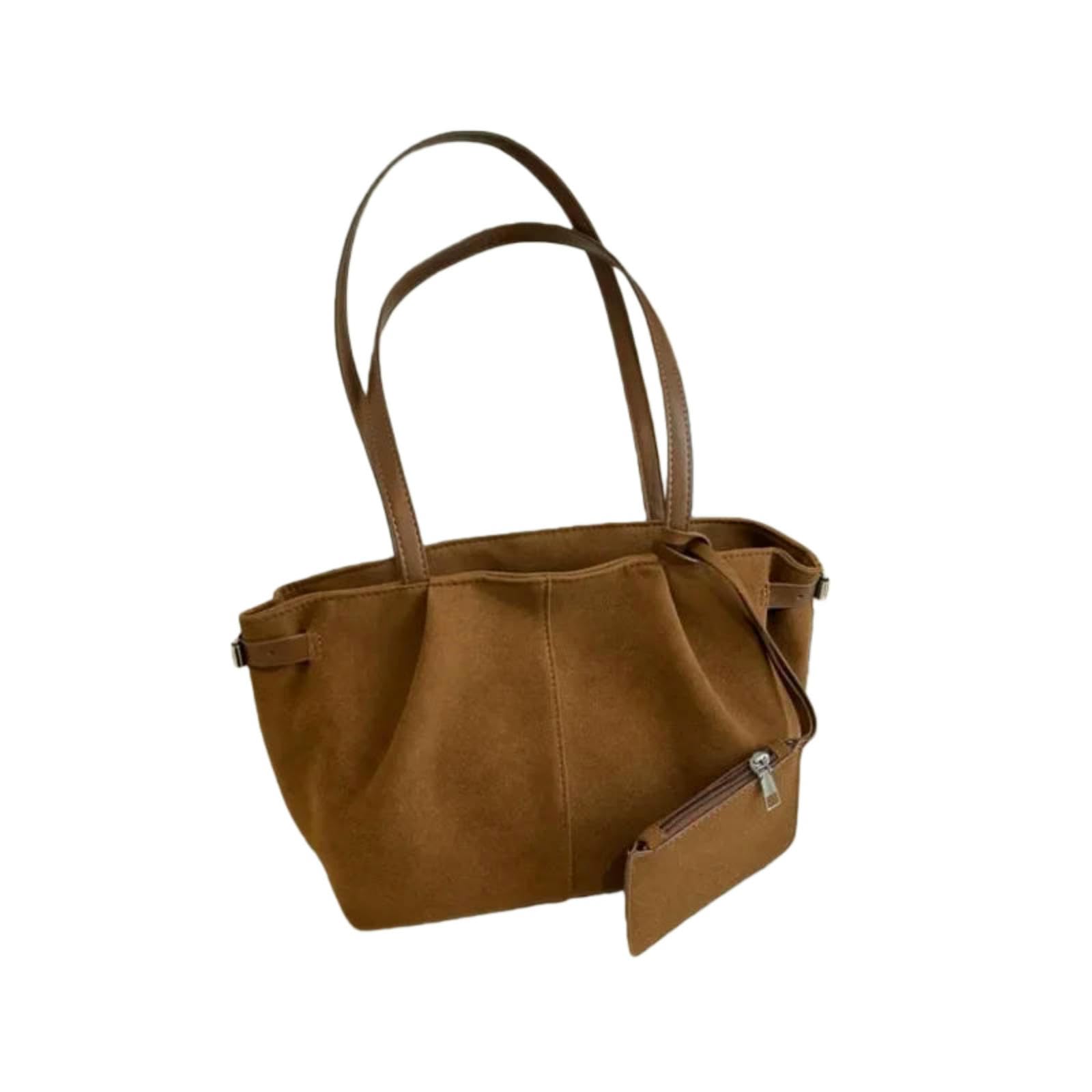 Veslyn Women's Brown Tote Bag ；Makeup Chic Suede Underarm – Solid Color Shoulder With Matching Pouch, Multi-Purpose Purse For Work, Travel & Daily Life