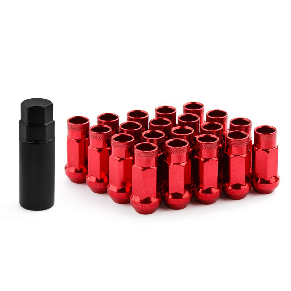 Muge Racing M12x1.5 Bulge Acorn Open End Wheel Nuts - 20 PCS, 12mmx1.5, Red Lug Nuts Set with 1 Key for Toyota, Honda, Ford, Chevrolet, Mitsubishi,