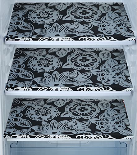 Image of Waterproof PVC Refrigerator Drawer Mats /Multipurpose Mat /Fridge Mats Set of 3 Pcs (Floral Black, Size -17.5X11.5 Inch)