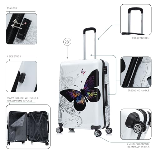 Image of InUSA Butterfly Print Luggage with Spinner Wheels | Durable Lightweight Hardside Suitcase | Travel Bag with Handle and Trolley | 28-Inch Large Checked luggage