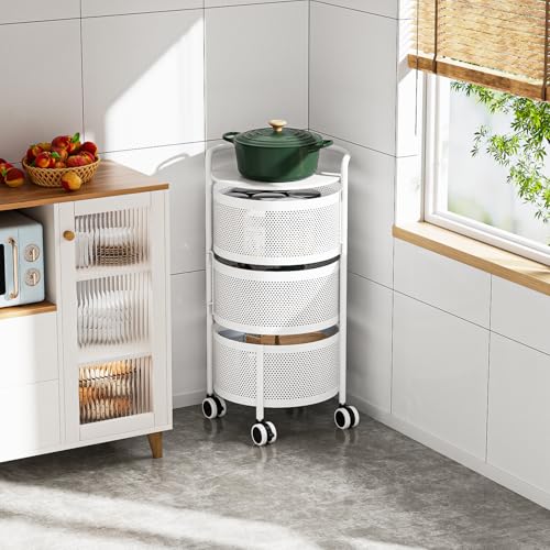 Image of JAQ No Assembly White Rotating Kitchen Storage Organizer, 3-Tier Metal Basket Rack with Wheels, Space Saving Fruit & Vegetable Storage Cart for Small Kitchen, Pantry, White
