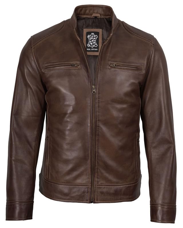 Image of Decrum Mens Leather Jacket - Cafe Racer Style Real Lambskin Leather Jacket Men