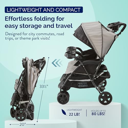 Image of Kolcraft Cloud Plus Lightweight Double Stroller Side-by-Side for Infant Toddler, Compact Folding Travel System with Reclining Seats, Canopies, Storage Basket, Trays, Easy Maneuver - Slate Gray