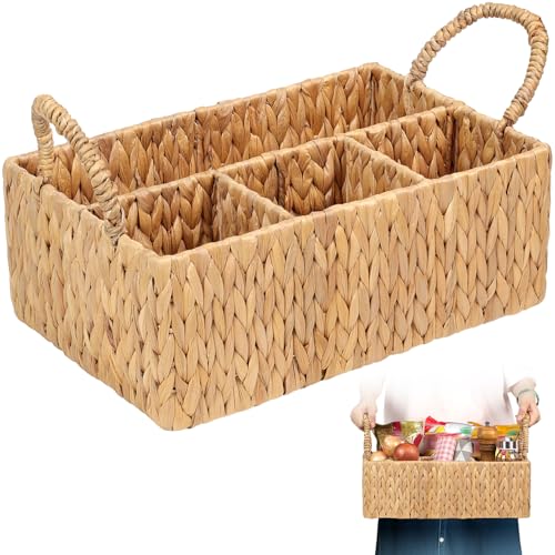 Divided Water Hyacinth Baskets with Handles, Storage Basket Woven Natural