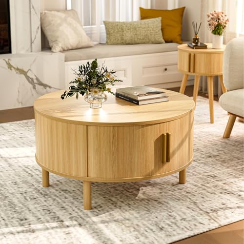 Image of ZttRiee Round Coffee Table with Sliding Doors, Modern, Natural | O30.0 inchD x 16.3 inchH, 200 lbs capacity, dual sliding-door storage, ~45 min assembly.