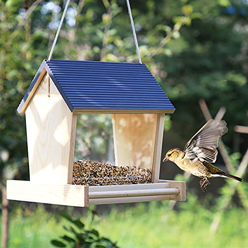 EnweMahi Casa Madera Comedero Pájaros, Colgante Comedero Automático Aves,Lámina Acrílico Transparente,Feeder Pájaros Impermeable,Alimentador para Agapornis Canarios Gorriones,Azul Cover