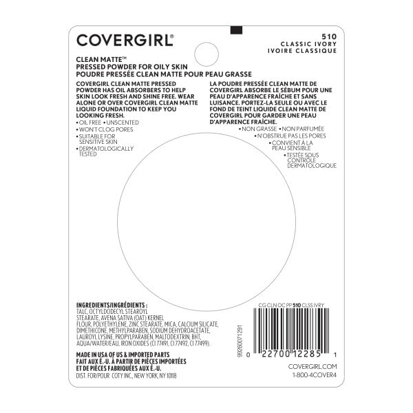 COVERGIRL Clean Matte Pressed Powder, Oil Control Powder, 1 container, .35 Fl Oz, Face Powder, Oil Free Loose Powder, Matte Finish, Lightweight, Shine Free Formula, Leaves Skin Smooth and Clean