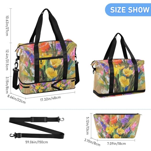 Retro Flowers with Color Oil Painting Feel Travel Duffel Bag Shoulder Weekender Overnight Bag with Toiletry Bag for Trekking Waterproof3