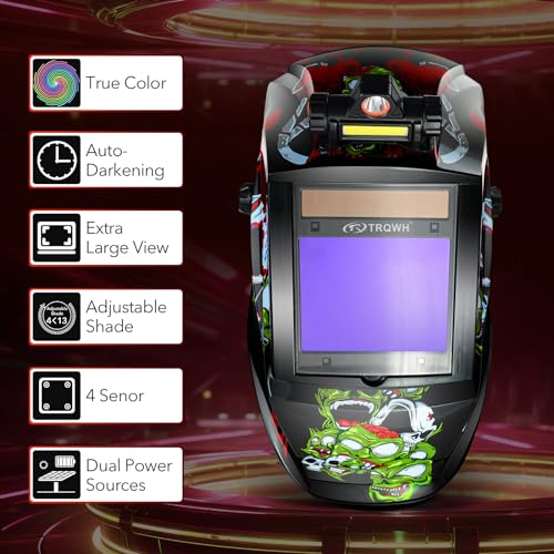 Image of TRQWH Welding Helmet Auto Darkening Large Viewing True Color Solar Powered Welding Mask with 4 Arc Sensor Adjustable Wide Shade Range 4~5-8 /9-13 Welder Mask with Grinding