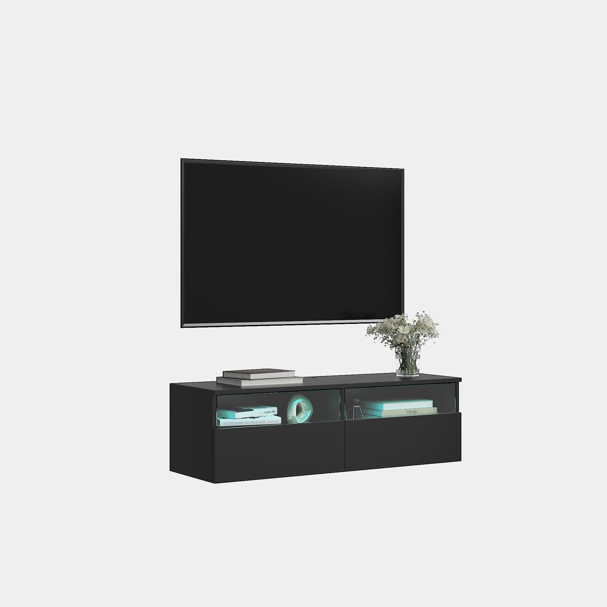 KEEPREAPER Lowboard 100cm TV Schrank mit LED-Beleuchtung hängend Schwarz | Fernsehschrank, griffloses TV-Board, 2 Schubladen mit Acryl für Wohnzimmer