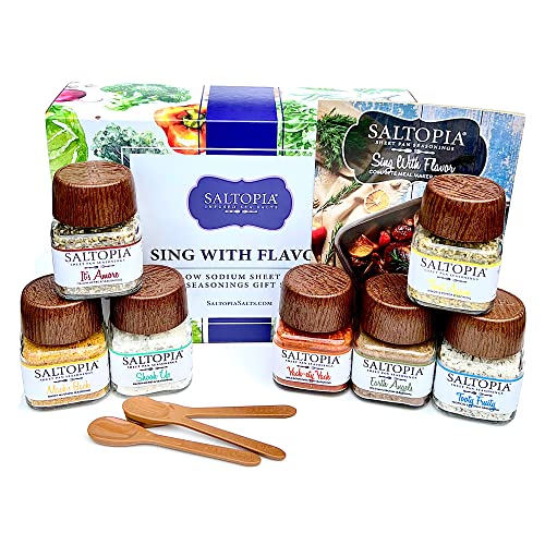 SALTOPIA LOW-SODIUM SEASONINGS Set, All Natural, Variety Set of 7 Low Sodium Seasonings for One-Pan Meal Making. Includes Recipe Book. 3.4oz Jars (7 jar gift set)