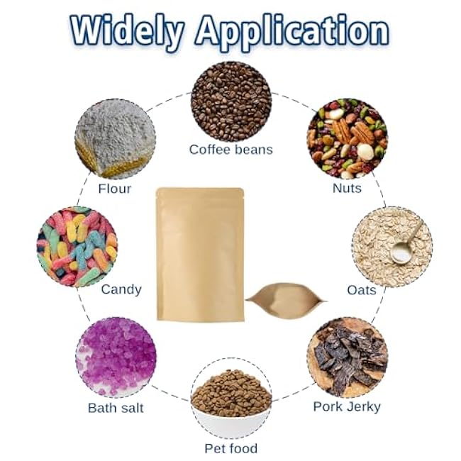 Muka 50 PCS Kraft Food Storage Pouch Bag Foil Lined Zip Lock Reusable Stand Up Bags,7 x 11.75 inch