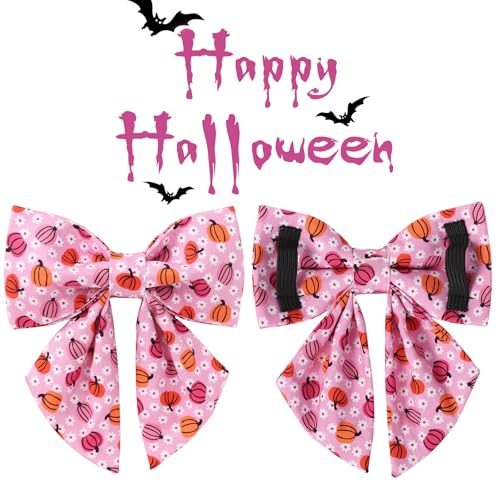 UP URARA PUP Halloween Pumpkin Dog Collar with Bow Tie, Pink Halloween Puppy Bowtie Collar with Adjustable Metal Buckle,Fancy Dog Collar Bowtie for Girl Boy Dog,M #2