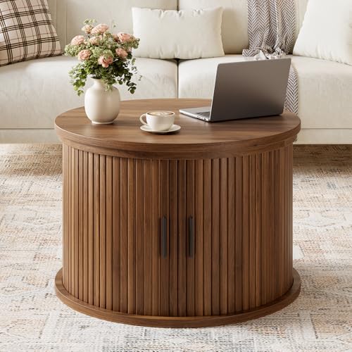 Round Lift Top Coffee Table, 23.6" Fluted Drum Coffee Table with Large Hidden Storage for Living Room, Center Table with Sliding Rolling Door for Small Spaces, Apartment, Home Office, Brown - Image 5