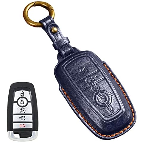 EASYANT for Ford Key Fob Cover, Leather Car Key Fob Case for Ford F-150 Mustang Smart Key Keyless Entry 5 Buttons Blue Cover
