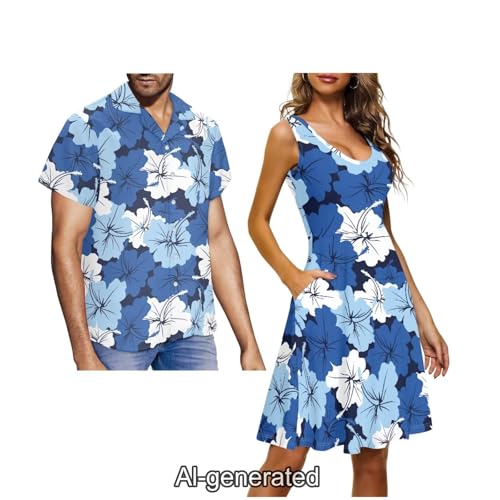 Image of Dreaweet Summer Dresses for Women A-Line Sleeveless Flowy Sun Dresses,Men's Casual Button-Down Shirts,Couple Matching Outfits