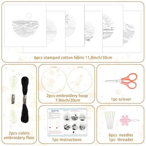 Image of BEUNITONE 6PCS Beginner Embroidery Kit for Adults, Minimalist Black and White Style Pre-Stamped Pattern Needlepoint Kits with Hoops & Instruction, Hand Embroidery Kits for Fabric and Home Decor 7.9 inch