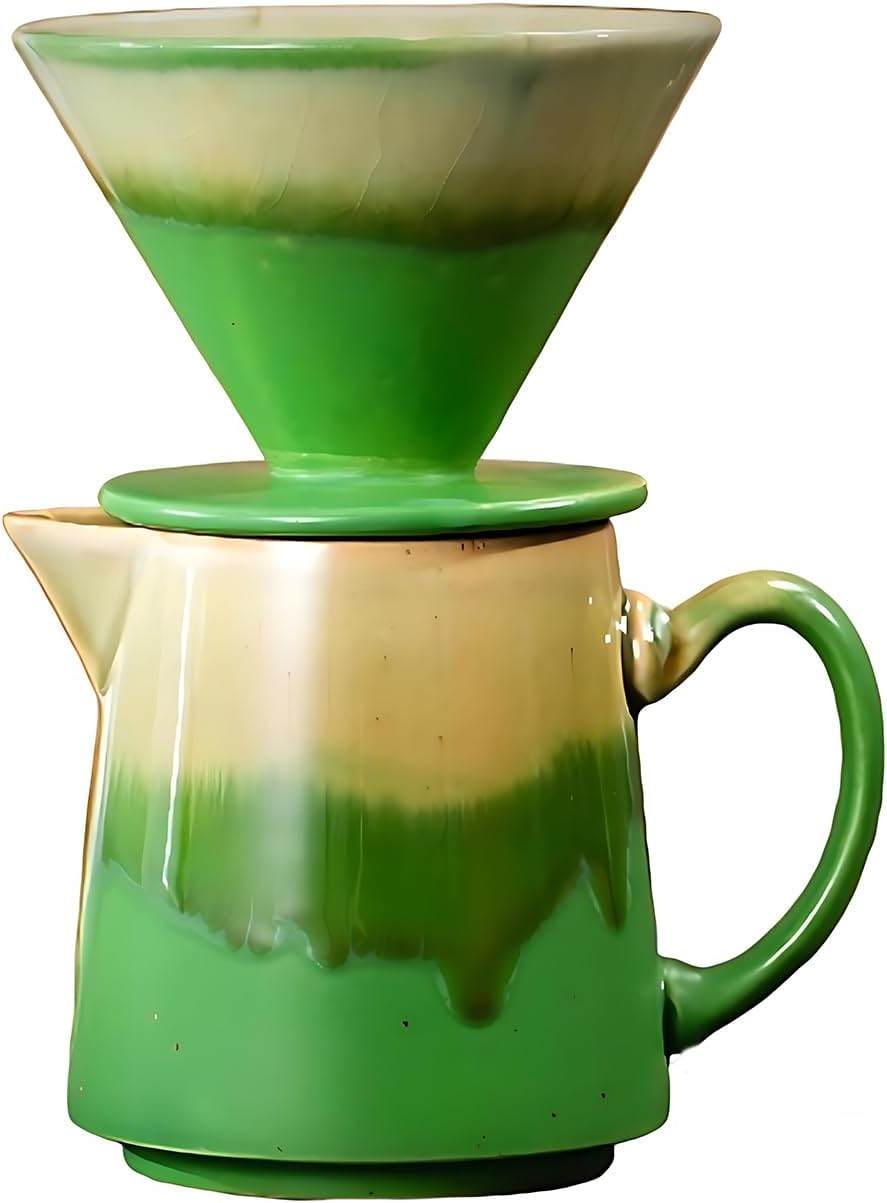 Ceramic Pour Over Coffee Dripper Vintage, Pour Over Coffee Maker Set, Filter Cup, Coffee Brewer Cone Filter, V60 Dripper & Decanter set, for Home Café Restaurant, 1-2 Cup (Pink)