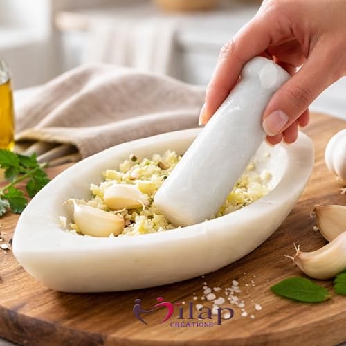 Image of White Boat Shape Marble Mortar and Pestle Set 7 Inch kitchen tool for grind, crush, and mix spices, herbs, chutneys, pastes, and medicines.