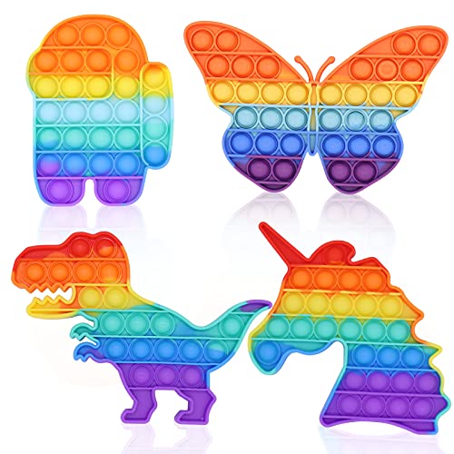 Rainbow Pop Fidget Toy Pack,4Pcs Push Pop Bubble Fidget Sensory Toy Set for Kids and Adult,Stress Relief Gifts for Boys and Girls(Dinosaur, Butterfly, Unicorn,Among in Us)