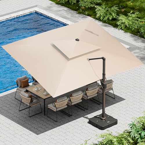 Ombrellon 10 X 13 FT Cantilever Patio Umbrella with Base Included Outdoor Heavy Duty Double Top Windproof Rectangle Offset Umbrellas with 360-degree Rotation for Pool Deck Backyard, Beige