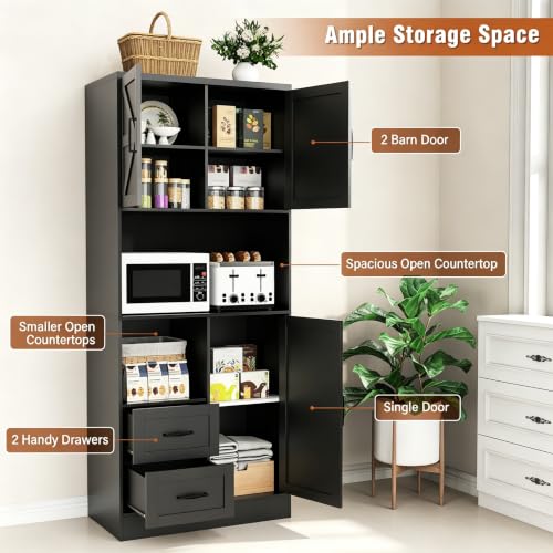 Image of 67.72 inch Tall Kitchen Pantry Cabinet with LED Light & Charging Station, Modern Kitchen Hutch with Microwave Stand, Countertop, Doors & Adjustable Storage Shelves, Black