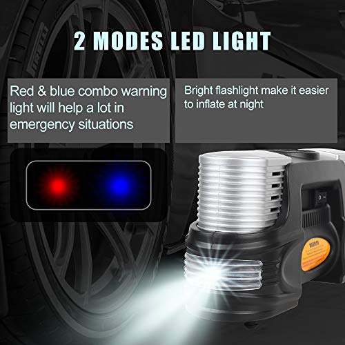 xingruyu Portable Air Compressor, Dual Cylinder Tire Inflator with Digital Gauge, 150Psi, 12V Air Pump for Car Tires with LED Light, Tire Pump with Overheating Protection, 3 Nozzles and Spare Fuse