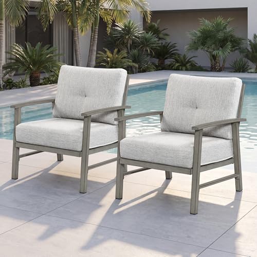 Image of 2 Pieces Outdoor Patio Chairs, Outdoor Aluminum Armchair Conversation Set with Thick Cushions, All Weather Patio Furniture Sofa Chairs Set for Garden, Poolside, Lawn, Limed Oak