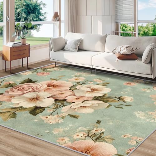 Tapete Floral Blanco y Rosa 6x8 pies Antideslizante Lavable