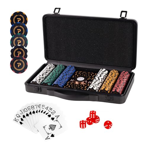 PLAYWUS Pokerset inkl. 2X Pokerdecks 5X Würfel Dealer/Small Blind/Big Blind Button Pokerspiel Alu Pokerkoffer Laser Pokerchips Set Kartenspiele Aluminium Kasino (300 Chips/Schwarz)