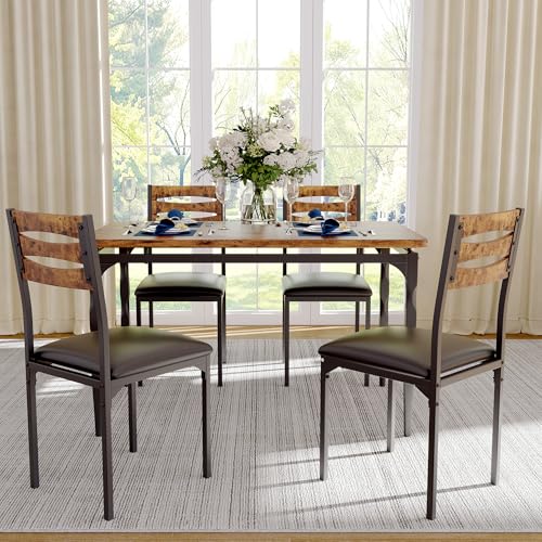 GarveeHome 5 Piece Dining Table Set, Industrial Style Dining Table and Chairs Set for 4, Kitchen Table Set for Dining Room Kitchen Apartment, Brown