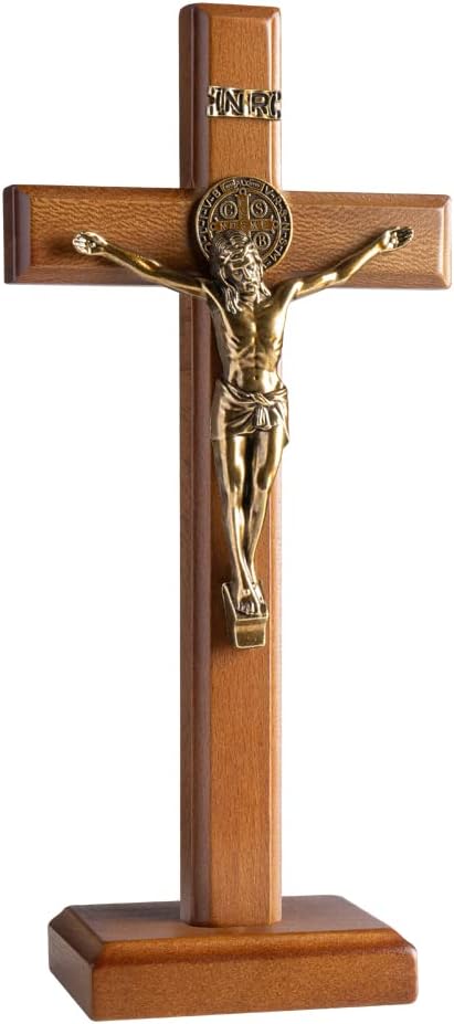 KUXBET Crucifix Cross Catholic 10.7 Inch Wooden Jesus Christ Wall Cross Stand, Hanging or Tabletop with Stand for Home Decor (10.7" L x 5.0" W)
