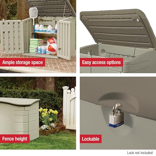 Image of Rubbermaid Large Horizontal Resin Outdoor Storage Shed With Floor (5 x 4 Ft) Weather Resistant, Beige /Brown, Organization for Home /Backyard /Pool Chemicals /Toys /Garden Tools /Porch /Patio Cushions