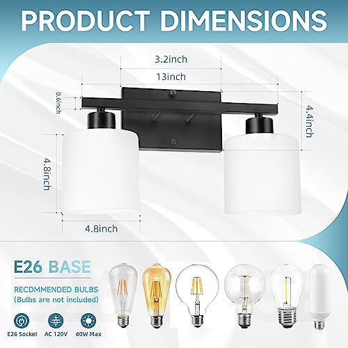 Image of CANMEIJIA 2-Light Bathroom Vanity Light Fixtures, Matte Black Vanity Wall Scones Lighting for Bedroom Living Room, Modern Vanity Lights with Milky White Glass Shades, E26 Socket, Bulbs Not Included