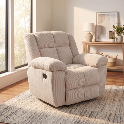 Image of Oversized Corduroy Recliner Chair, Manual Lazy Boy Recliner with Home Theater Seating, Breathable Living Room Reclining Chair for Adults Reading, Gaming, Relax, White