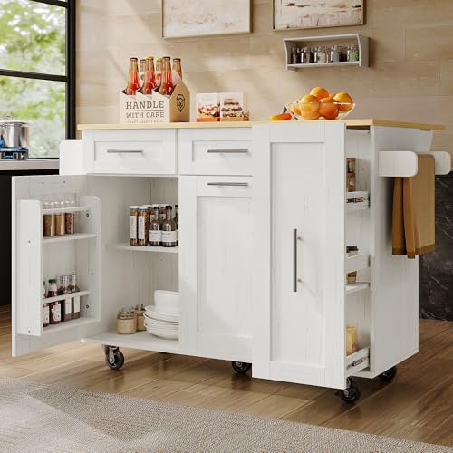 ModernLuxe Kitchen Island on Wheels, Versatile Kitchen Cabinets with Storage Space, Elegant Wood Grain Sideboard with Convenient Snack Shelves and Expanding Function Cabinets, White, 134.5x46x90.5cm