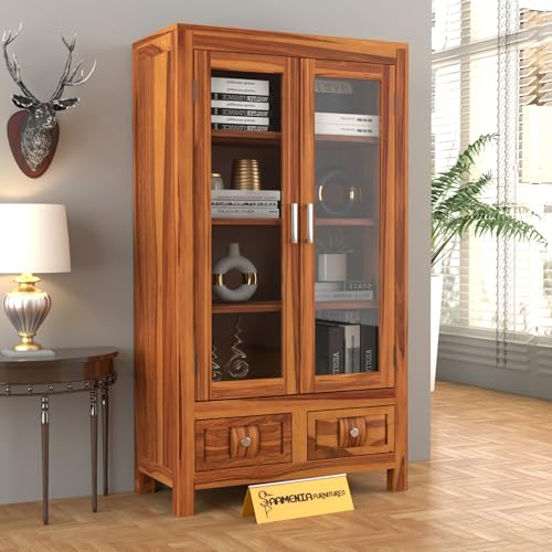 Image of Solid Sheesham Wood Book Cabinet with Acrylic Glass Doors | Rosewood Display Storage Unit with Shelves & Drawers for Home & Office (B-Honey Finish)