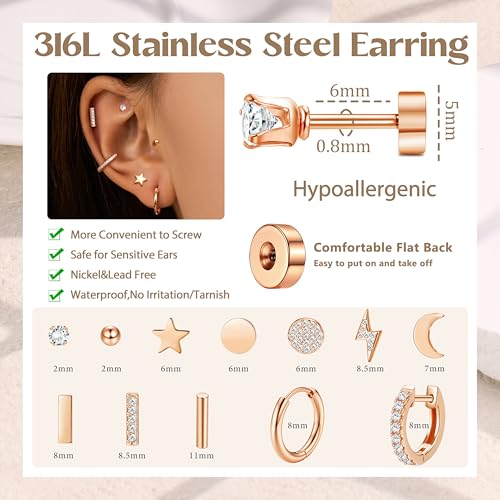 FASACCO 12Pairs Flat Back Earrings for Women Men Hypoallergenic 14K Gold Plated Stainless Steel Flatback Stud Small Huggie Hoop Earrings 20G Tiny Gold Stud Earring Sets for Multiple PIercing3