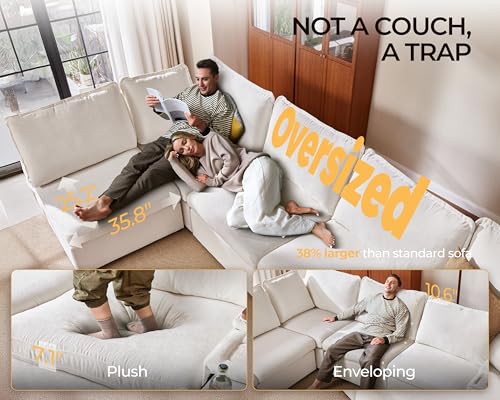 Image of Oversized Modular Sectional Sofa, Comfy Cloud Couch with Reversible Chaises Extra Deep U-Shaped Sleeper Sofa Bed for Living Room, Covers Washable, 6-Seater with 2 Corners, Chenille, White
