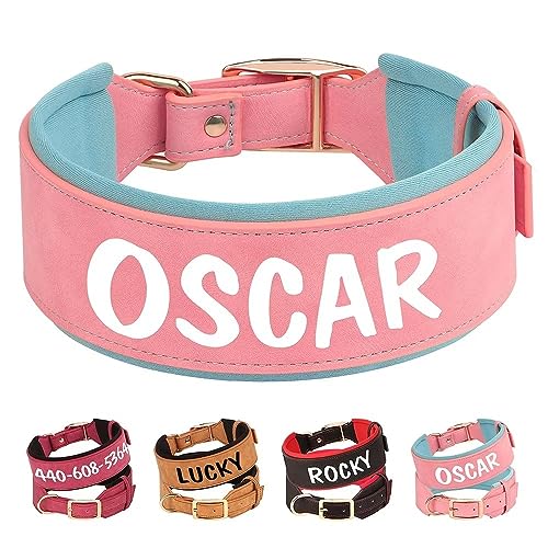 PET ARTIST 5CM Personalisierte PU Leder Hundehalsband für großen Hund. Weiches Dickes Gepolstertes Hundehalsband mit Großem Namen für Rottweiler Mastiff Dogge, rosa XL