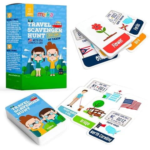 merka Roadtrip Activites for Kids Road Trip Essentials Kids Roadtrip Games License Plate Game Road Trip Travel Scavenger Hunt Set Objects to Find On Road License Plates 96 Flashcards Cover