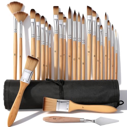 25 PCS Acrylic Paint Brush Set, Professional Paintbrushes, Expert Synthetic Nylon Bristles Paint Brush Kit with Upgraded Short Handle Wide Flat & Palette Knife for Acrylic, Oil, Watercolor, Gouache