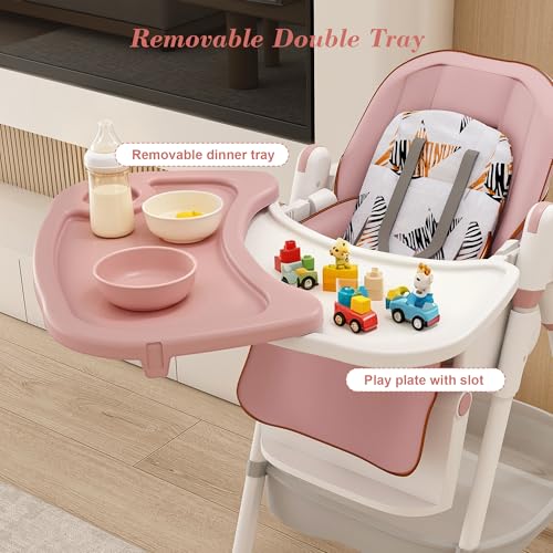 Image of Baby High Chair for Babies & Toddlers, Foldable Feeding Chair with Wheels, Adjustable Seat Height, Backrest, Footrest, Removable Tray, PU Cushion, 5-Point Harness, Easy to Clean, Pink+White