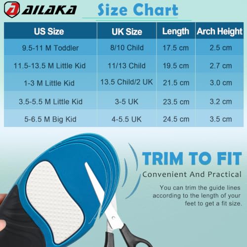 Image of Ailaka Kids Orthotic Arch Support Shoe Insoles, Plantar Fasciitis Cushioning Athletic Inserts for Flatfoot Pain Relief Running Walking